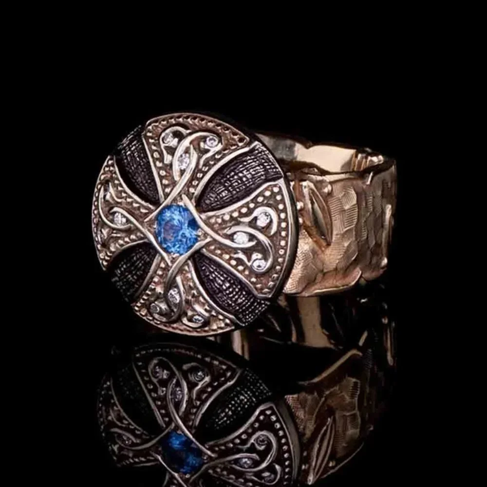 💥 Unisex Black Enamel Signet Ring Rose Gold Blue Fashion Ring, GPMB1486-7